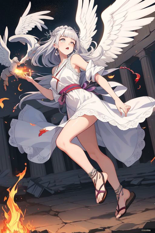 A woman with white hair and wings holding a sword