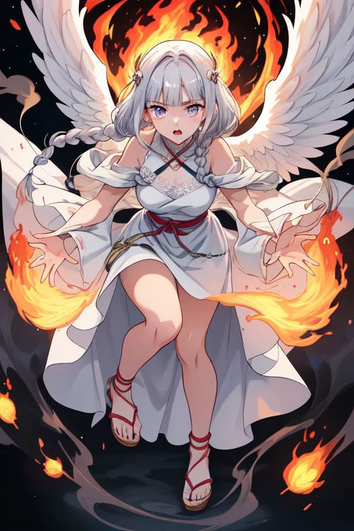 A woman with white hair and wings holding a sword