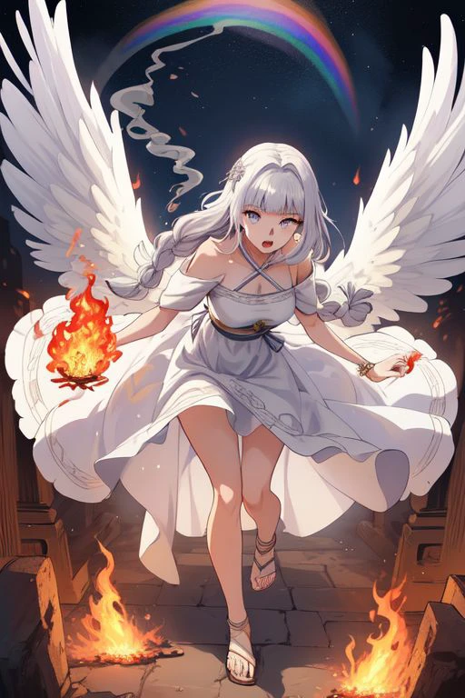 A woman with white hair and wings holding a sword