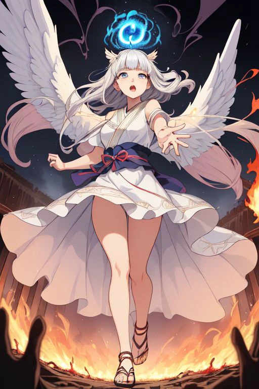 A woman with white hair and wings holding a sword