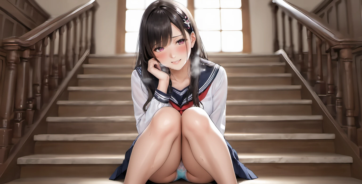 階段に座る女子高生