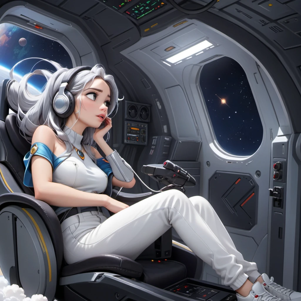 在太空艙凝聽音樂的少女