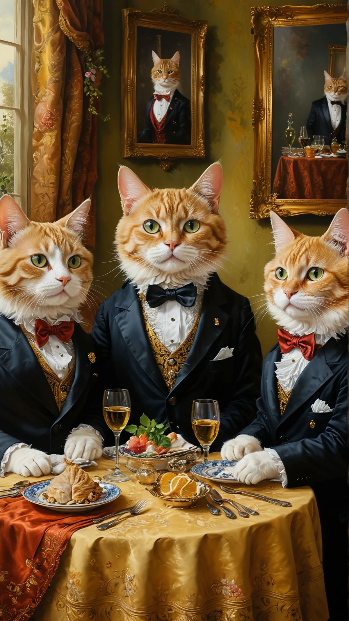 A classic oil painting depicting a group of cats dressed in formal attire, atten