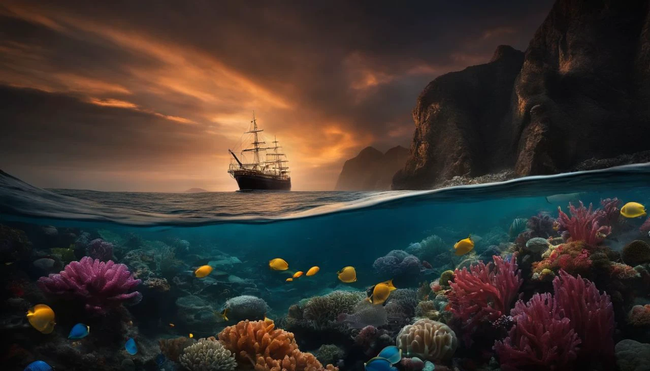 "Exploring the Depths: A Journey Under the Sea at Sunset"