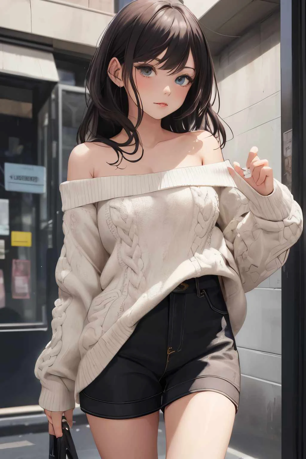 Anime girl with off shoulder sweatcoat 