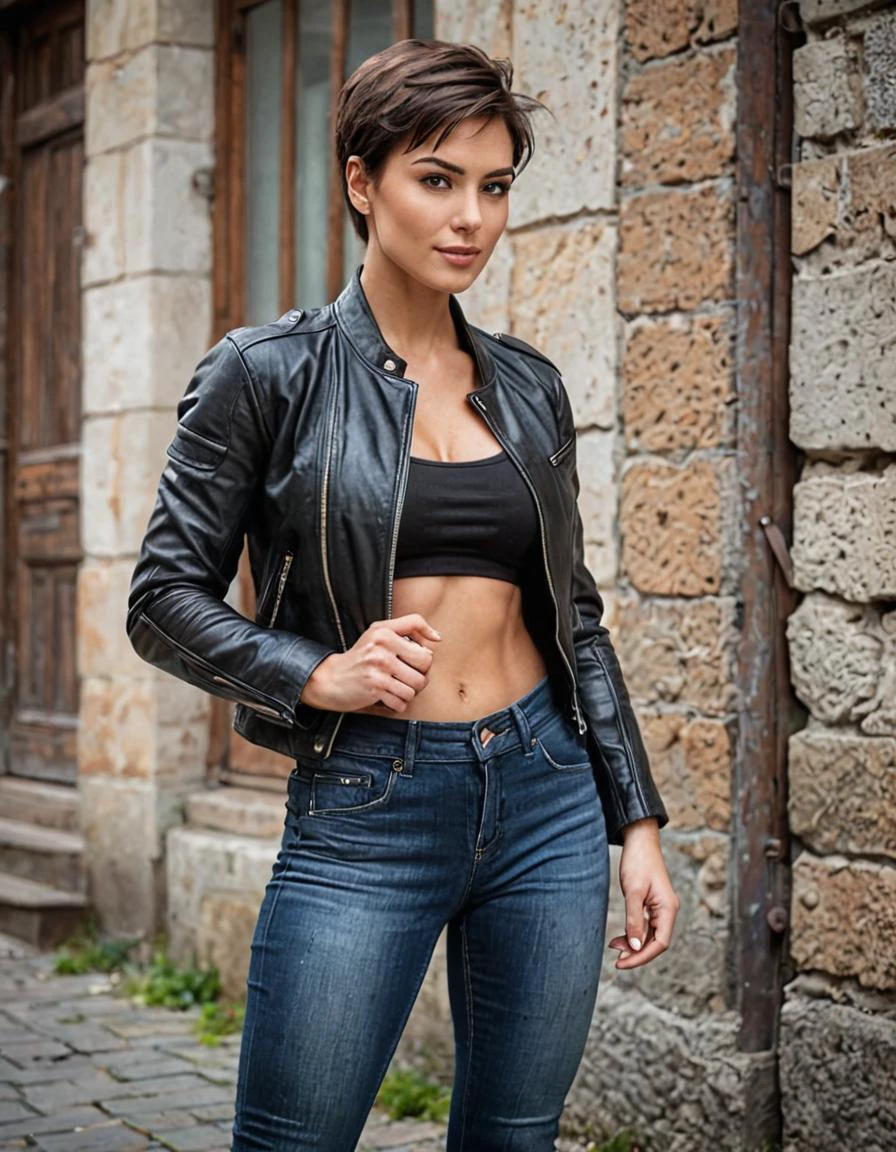 Leather jacket and denim pants