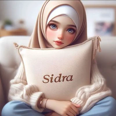 A cute girl is holding a pillow and the name is written above