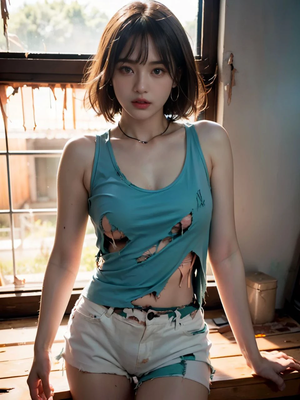 ผู้หญิงคนหนึ่งยืนอยู่หน้าหน้าต่าง, กับเสื้อยืดครอปขาดๆ,