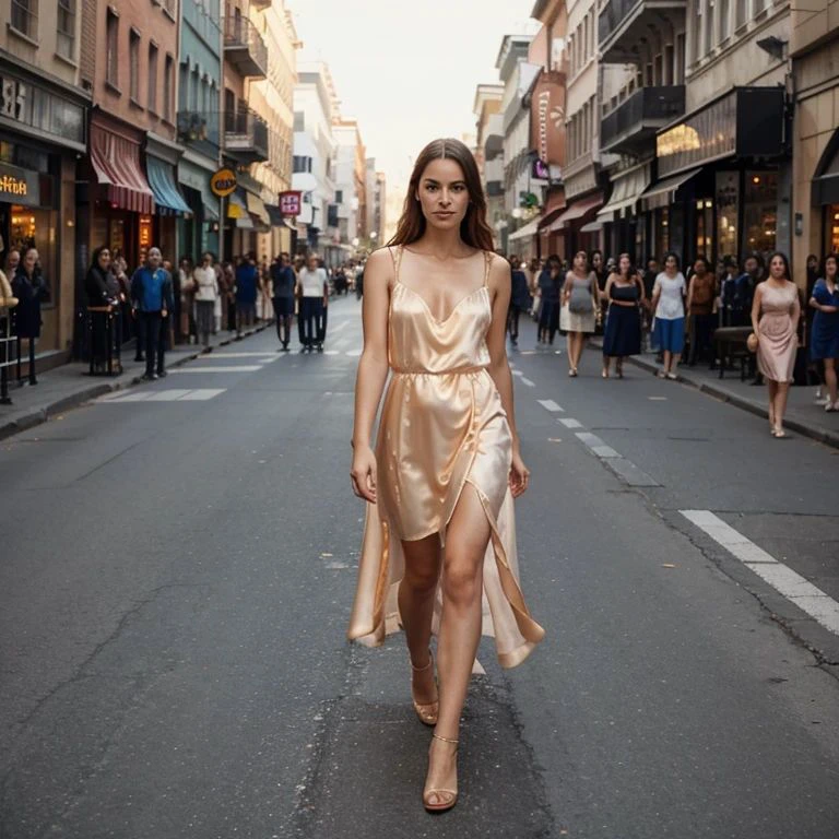 Mujer elegante caminando portando un lujoso vestido naranja de seda 