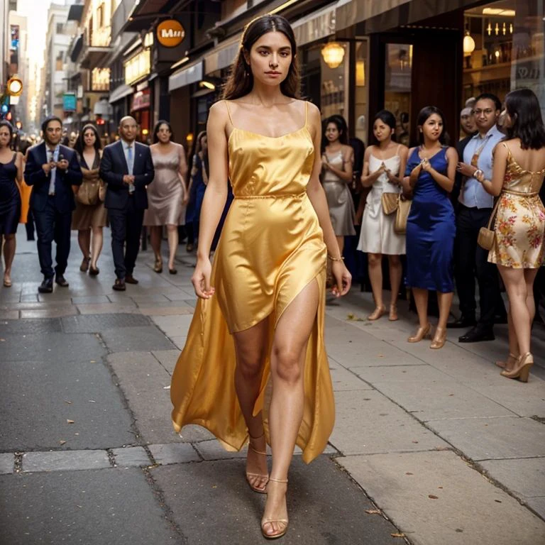 Mujer elegante caminando portando un lujoso vestido naranja de seda 