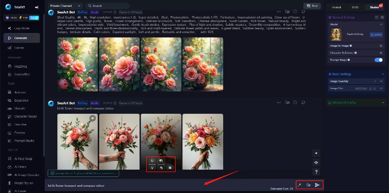 SeaArt AI's flower bouquet art generation interface