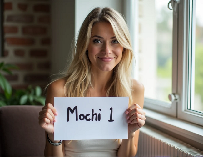 AI生成的女性举着带有Mochi 1文案的牌子