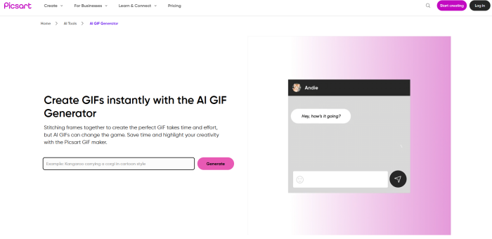 Picsart AI GIF Generator homepage