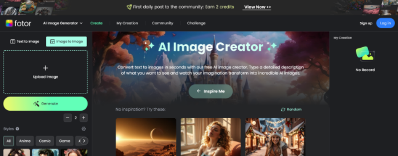 The page of Fotor's AI image creator