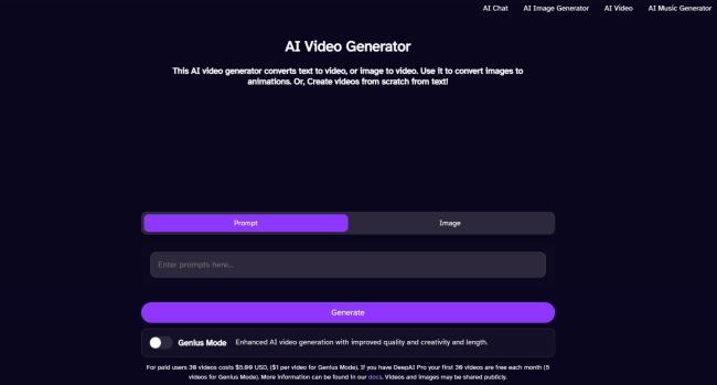 DeepAI Video Generation Page