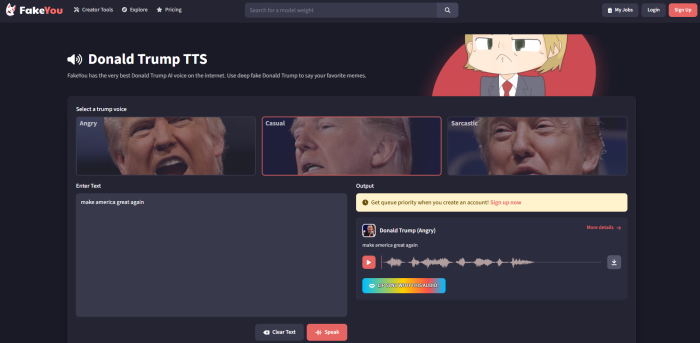 FakeYou's Donald Trump AI Voice homepage