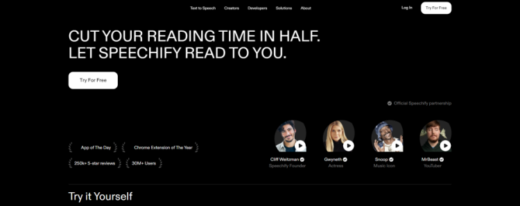 Homepage of Speechify