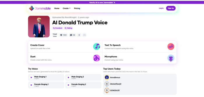 Jammable Donald Trump AI voice homepage