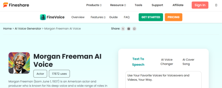 The page of Morgan Freeman AI voice