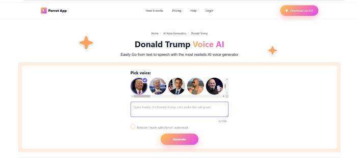 Parrot App Donald Trump Voice homepage