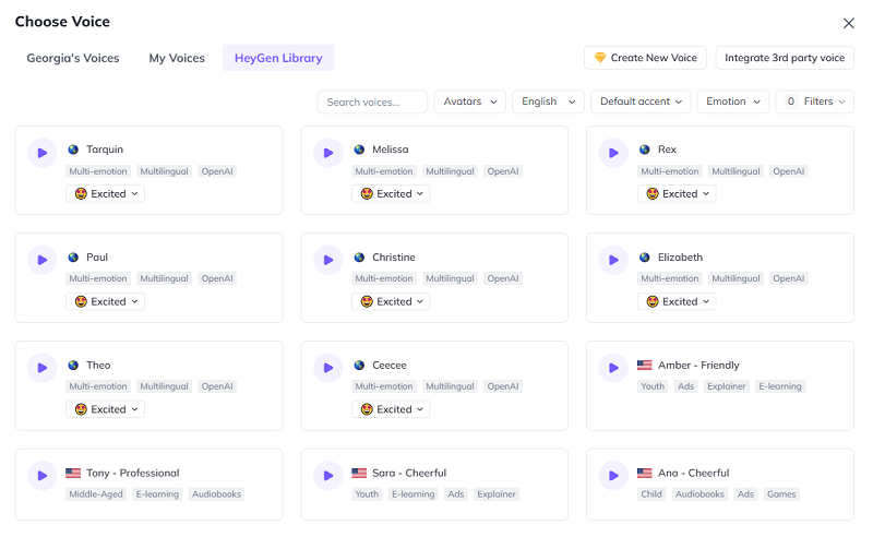 HeyGen's voice options