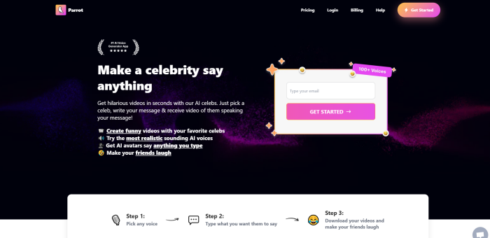 Parrot AI Celebrity Voice Changer homepage