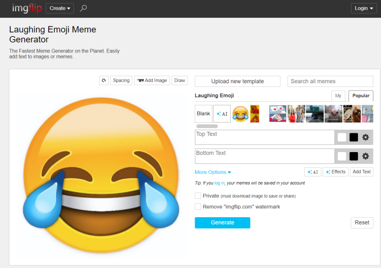 The interface of Imgflip AI meme generator