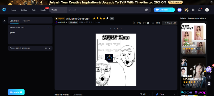 The page of SeaArt's AI meme generator