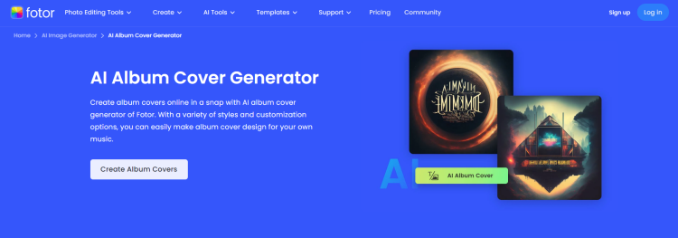 The page of Fotor's AI album cover generator