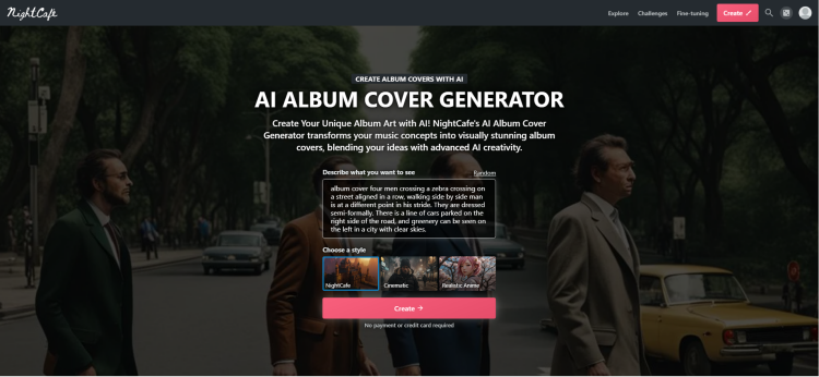 The page of NightCafe AI album cover generator