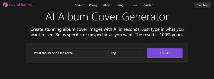 The page of Neural frames' album cover generator