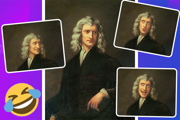 Retrato animado de Newton antes e depois