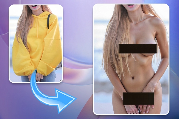 Before and after comparison using DeepNude technology to remove clothing