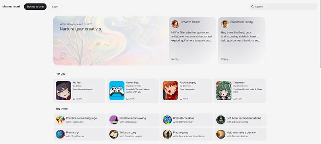 Character AI homepage