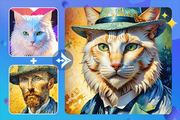 Combine a imagem do gato e a pintura de Van Gogh em uma nova imagem com IA