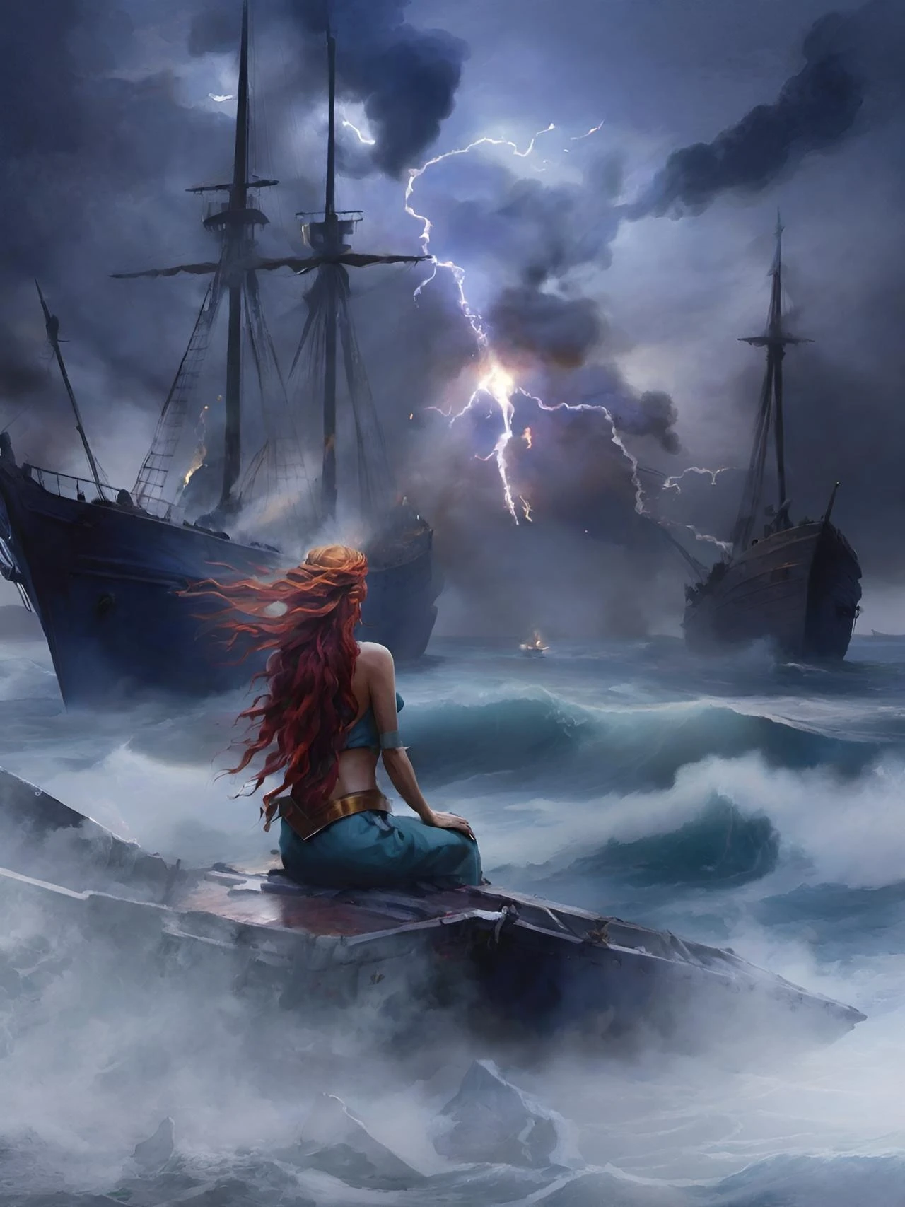 Mermaid watching ships wreck in a storm