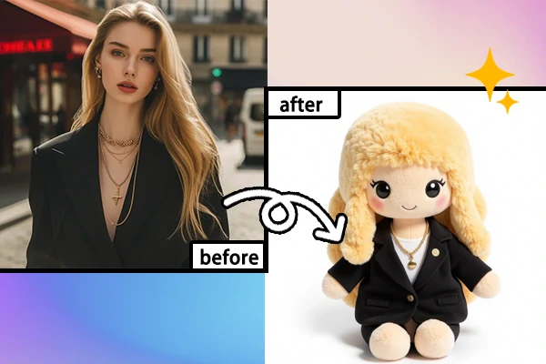 Prima e dopo l'uso del generatore Jellycat AI