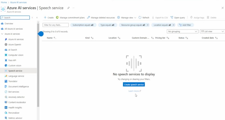 Azure AI service page