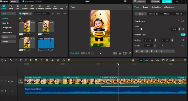 Cap Cut video editing page