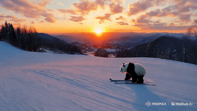 “熊猫在夕阳下滑雪”海螺AI生成