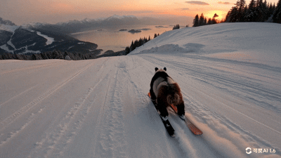 “熊猫在夕阳下滑雪”可灵AI生成