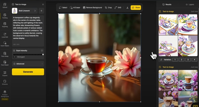 text to image page in Dzine AI generator