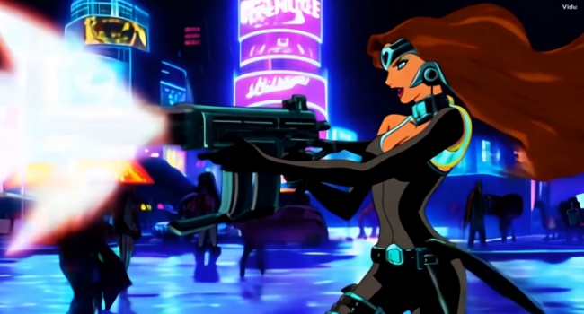 A cyberpunk-style anime woman character with a gun