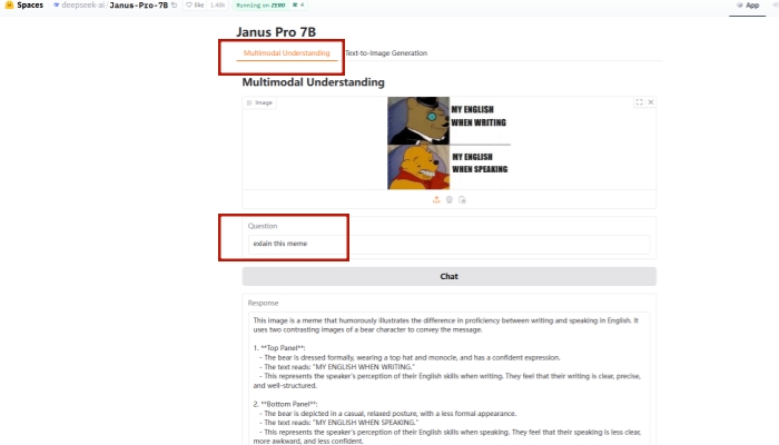 Using the multimodal understanding of Janus-Pro-7B to explain a meme