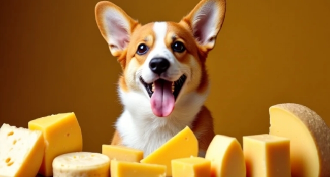 一只柯基犬对着一排可口的奶酪垂涎欲滴