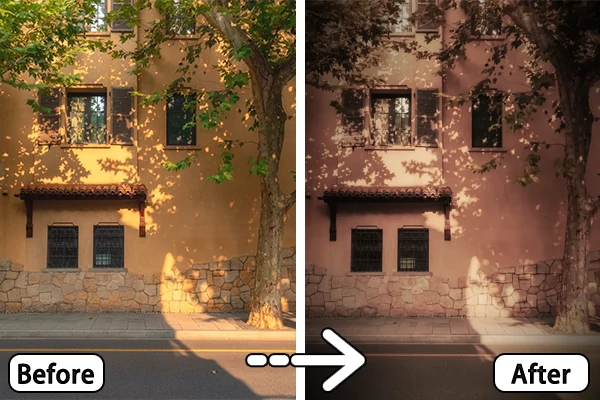 Confronto prima e dopo dell'effetto seppia del paesaggio