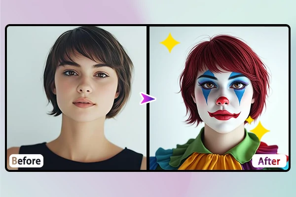 Before-and-after comparison photo of clown filter