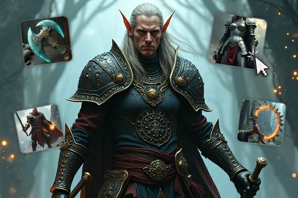 KI-generierte DND-Charaktervariationen mit verschiedenen Rüstungen, Waffen und Stilen