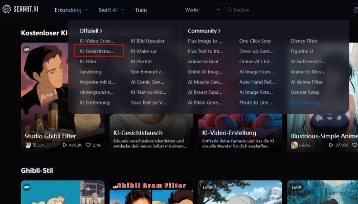 Das KI-Gesichtsaustausch-Tool in SeaArt AI wählen