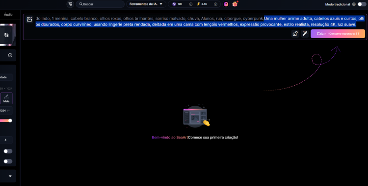 Campo de prompt do SeaArt AI para detalhar a arte hentai desejada.